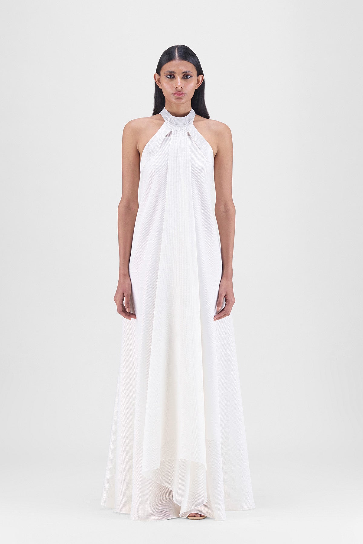METALLIC FLUID HALTER DRESS