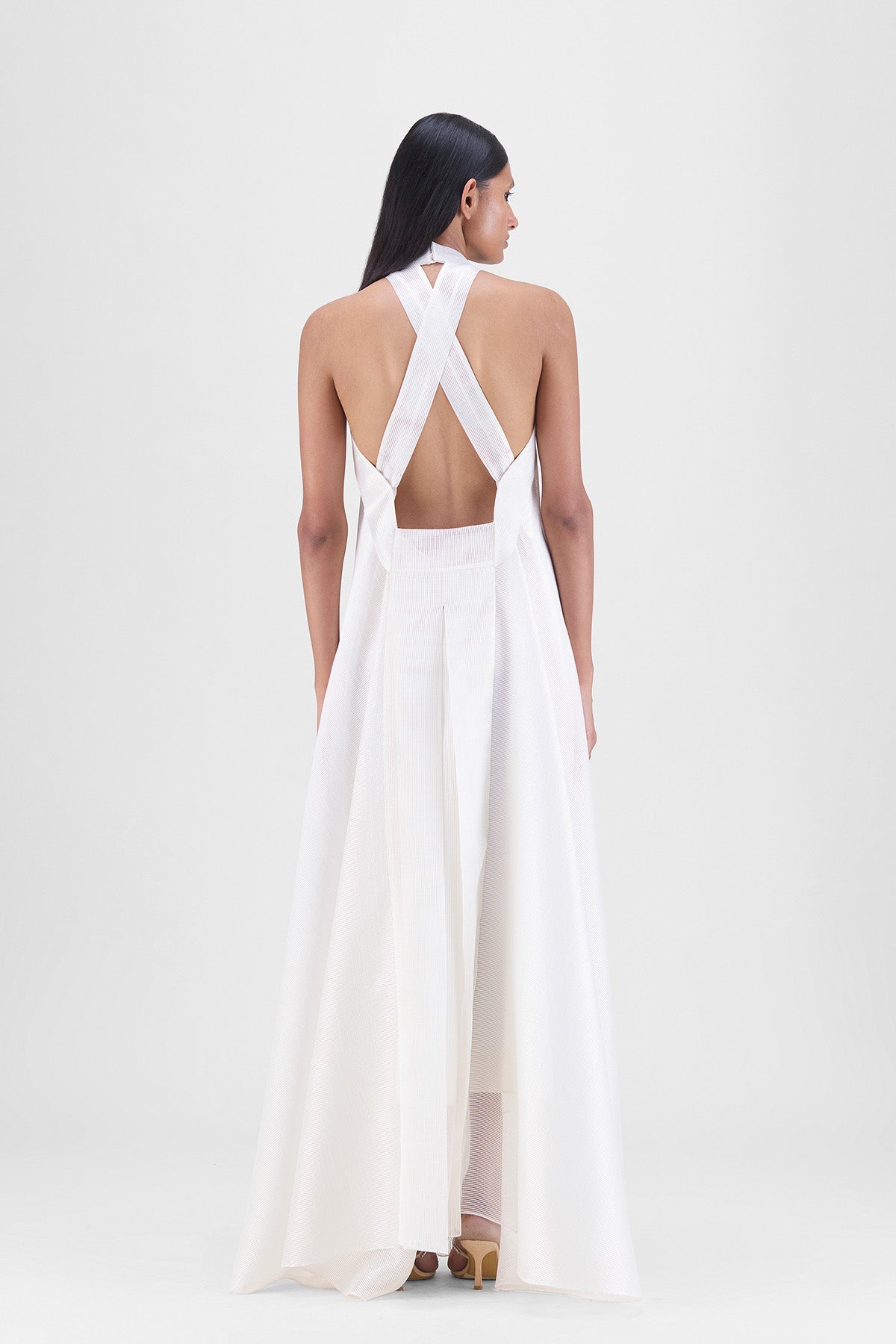 METALLIC FLUID HALTER DRESS