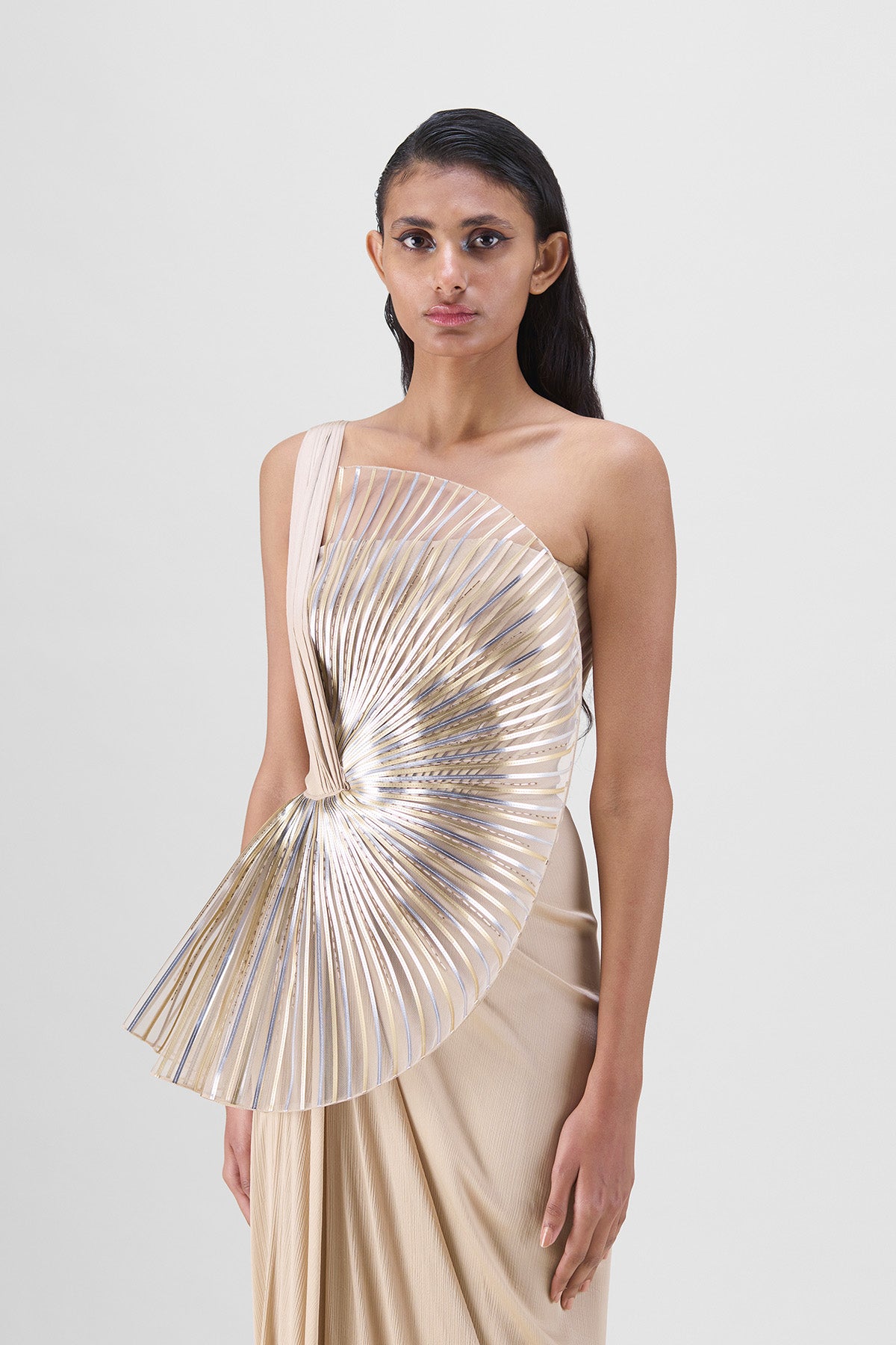 Metallic Sun Ray Draped Gown