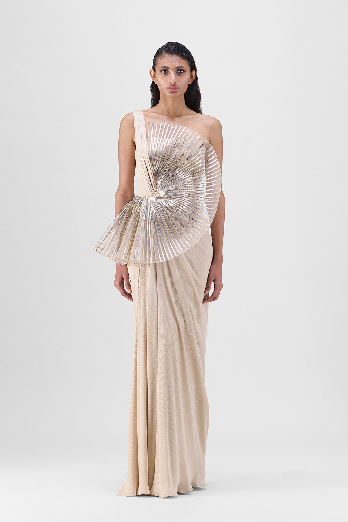 Metallic Sun Ray Draped Gown