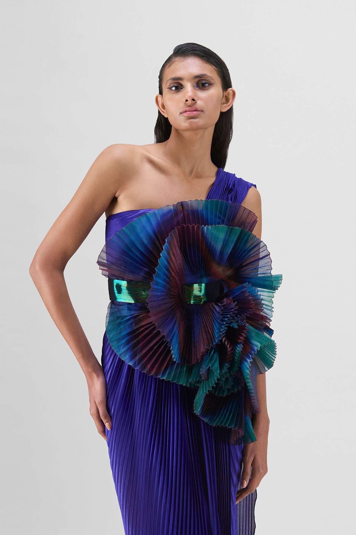 Metallic Sun Ray Draped Gown