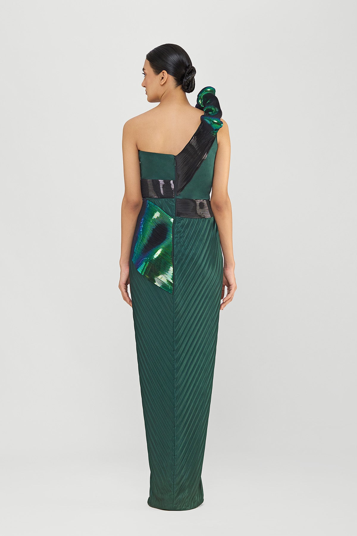 Metallic Off The Shoulder Gown With Plisse Drape