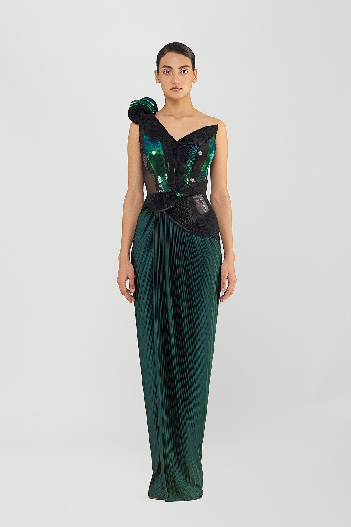 Metallic Off The Shoulder Gown With Plisse Drape
