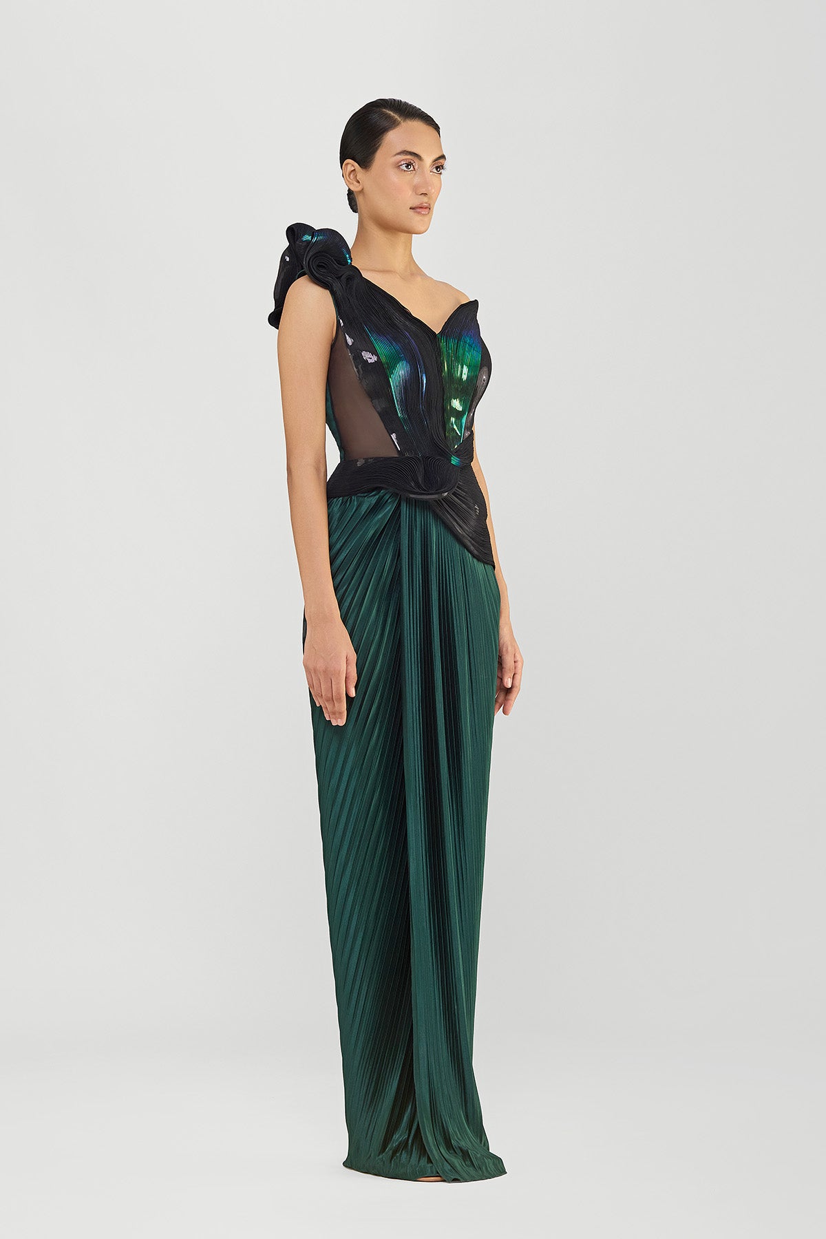 Metallic Off The Shoulder Gown With Plisse Drape