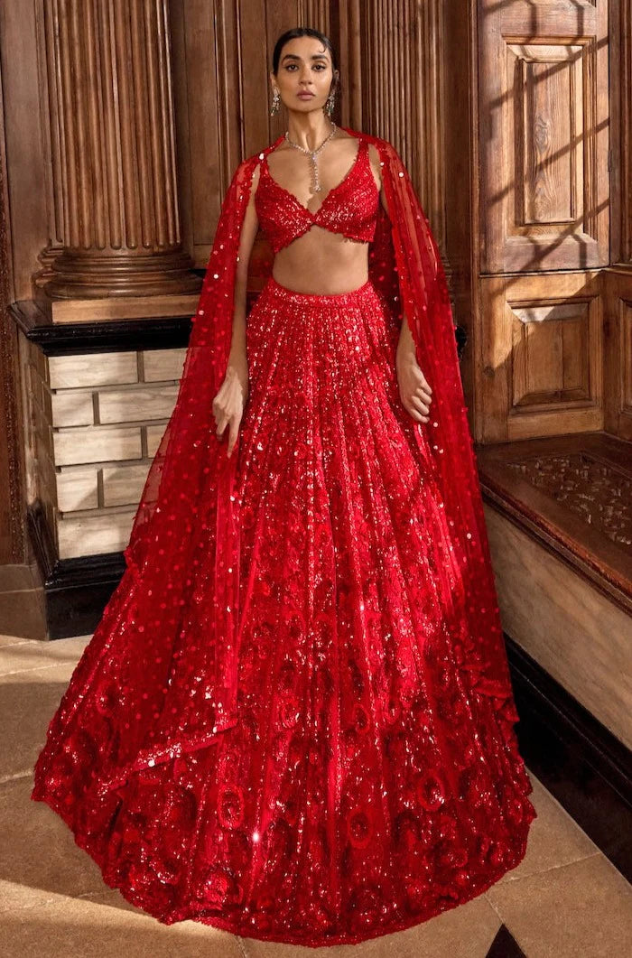 Red Floral Sequin Lehenga Set