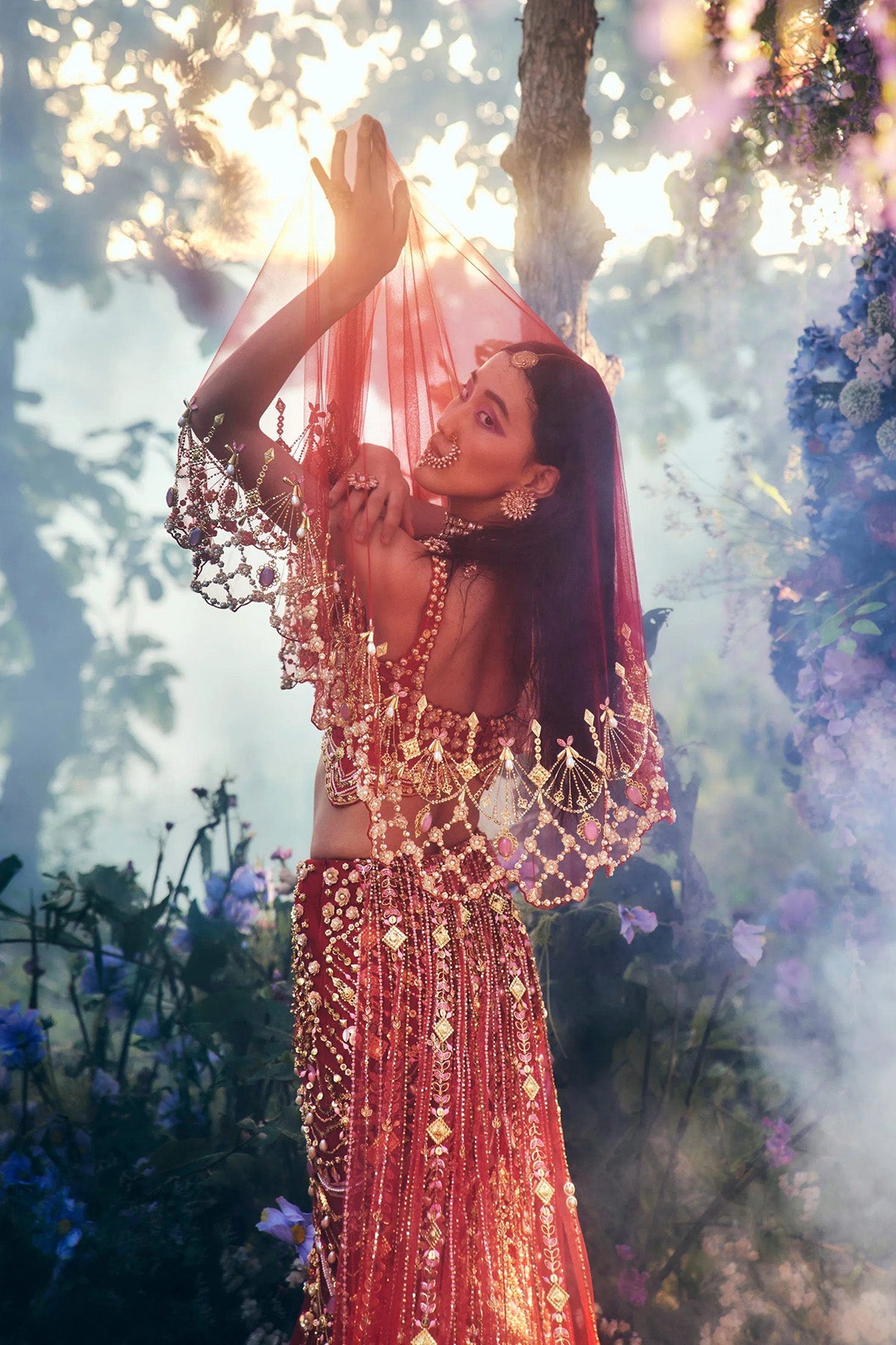 PORTIA - FIERY RED MERMAID CUT LEHENGA SET