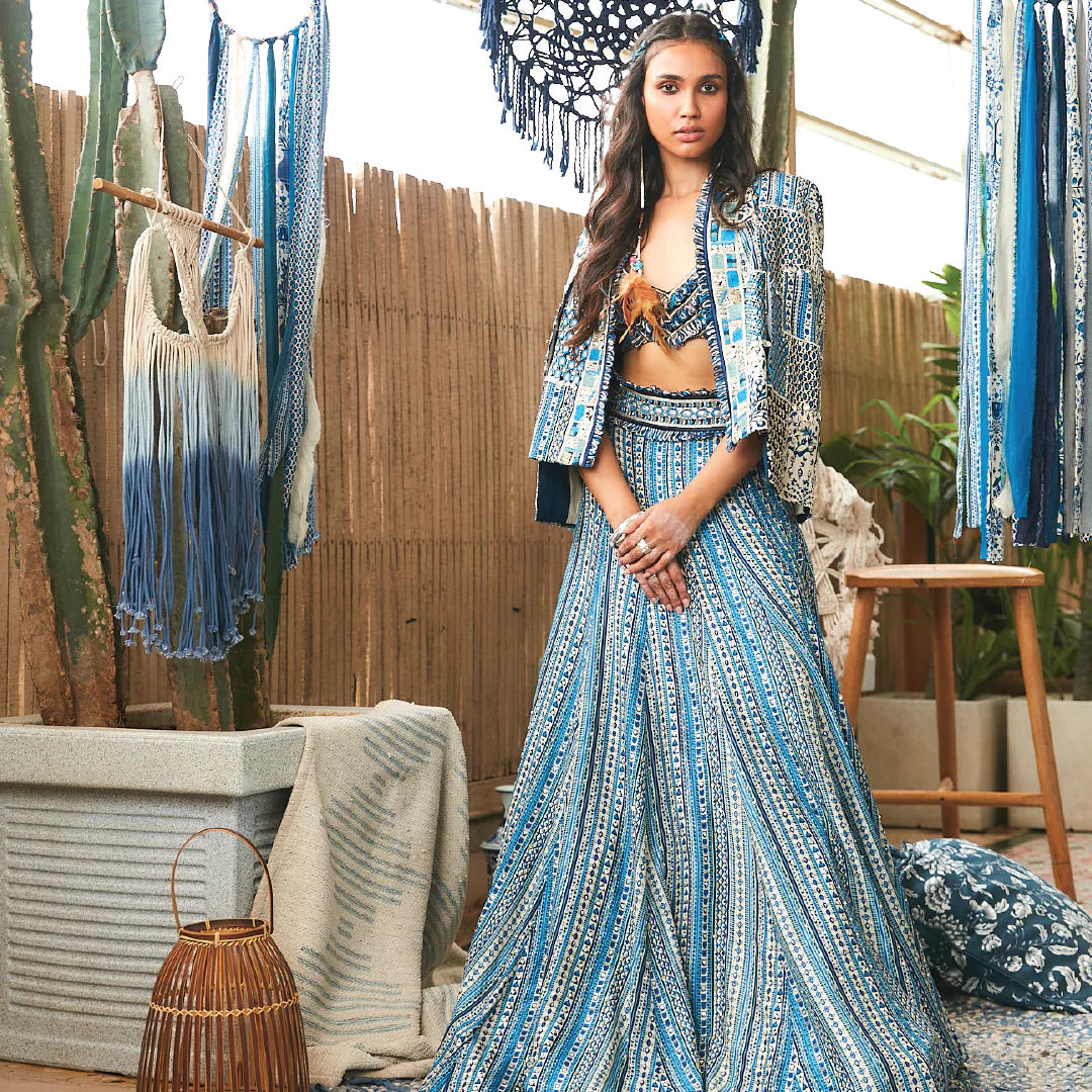 BLUE BOHO STRIPE PRINT HIGHLIGHTED LEHENGA SET
