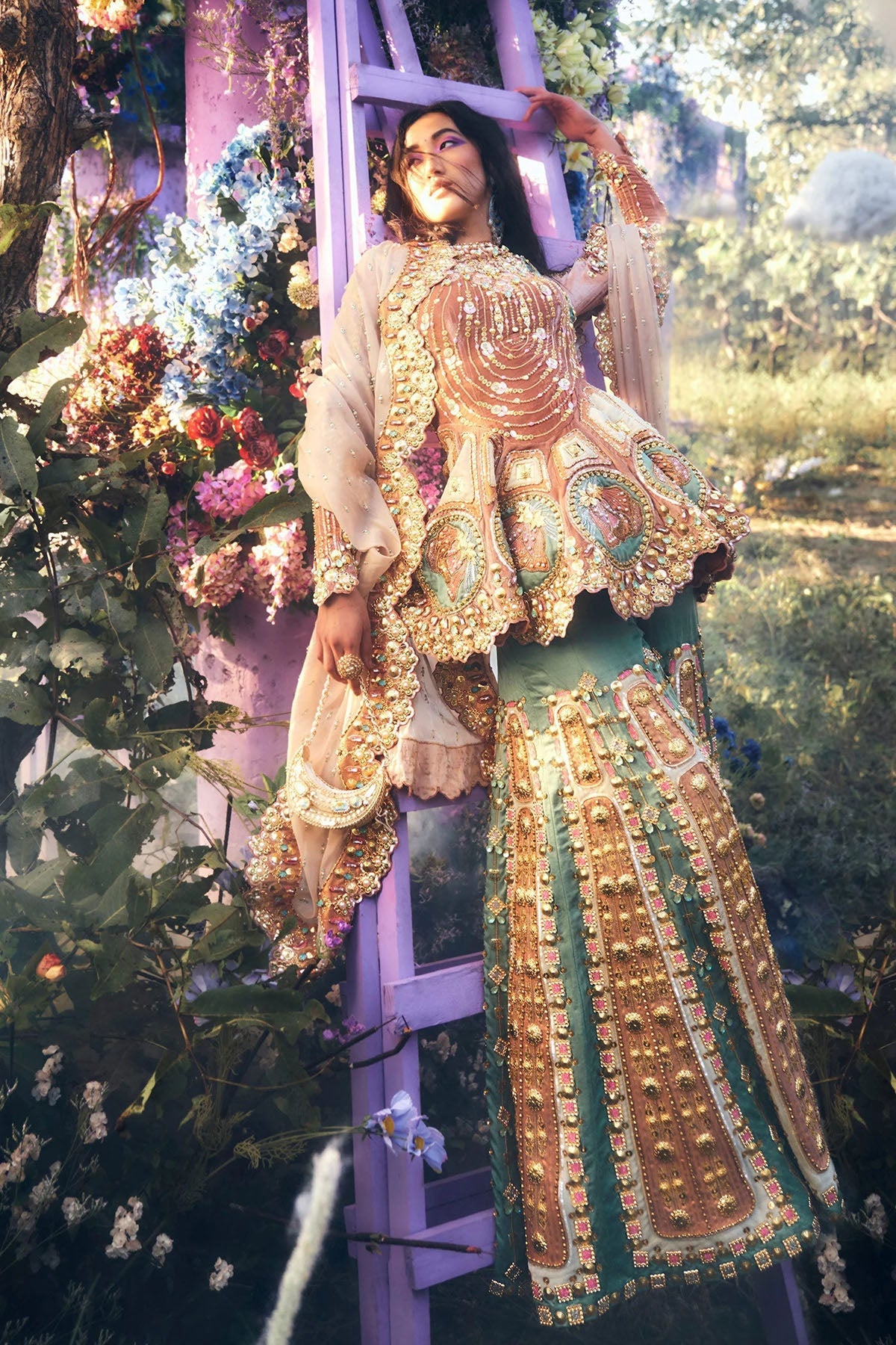 ELVINA - BRICK BROWN, IVORY & TEAL SHARARA SET