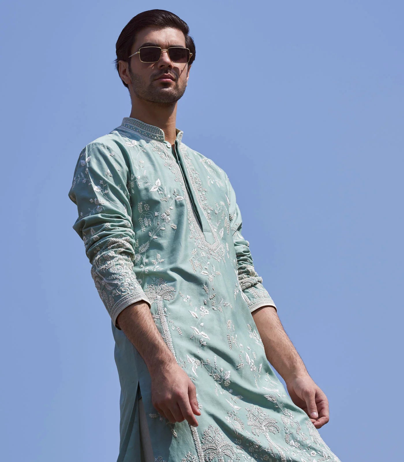 MINT GREEN CHANDERI LONG PALM TREE KURTA SET