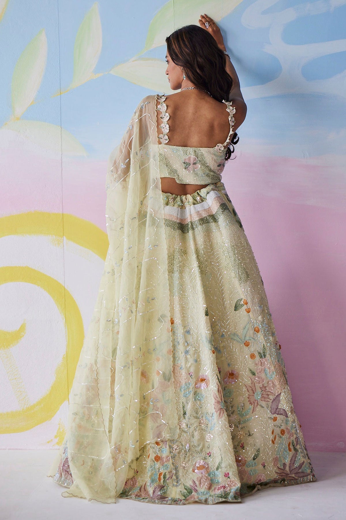 Mistelle Pastel Yellow Handpainted Lehenga