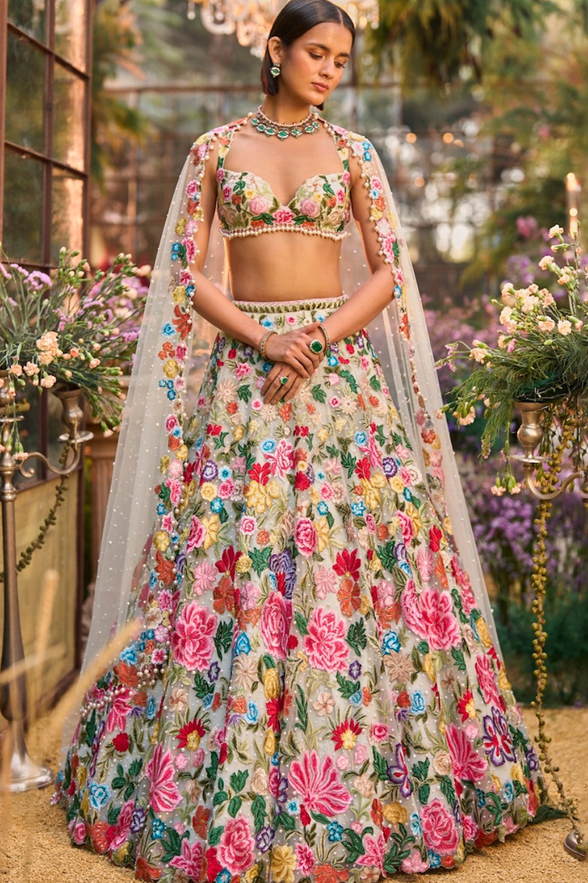 Multi-Coloured Floral Lehenga Set
