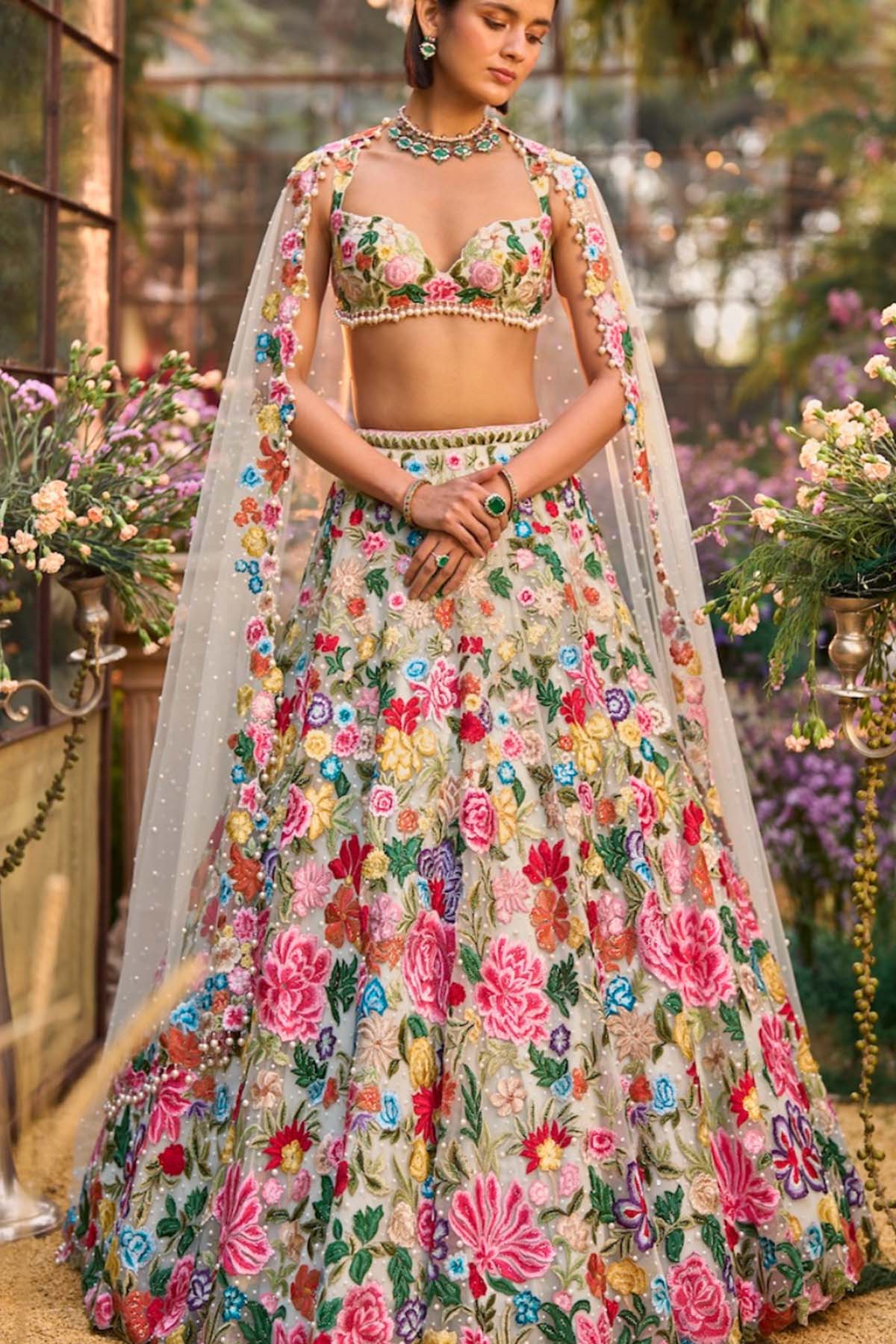 Multi-Coloured Floral Lehenga Set