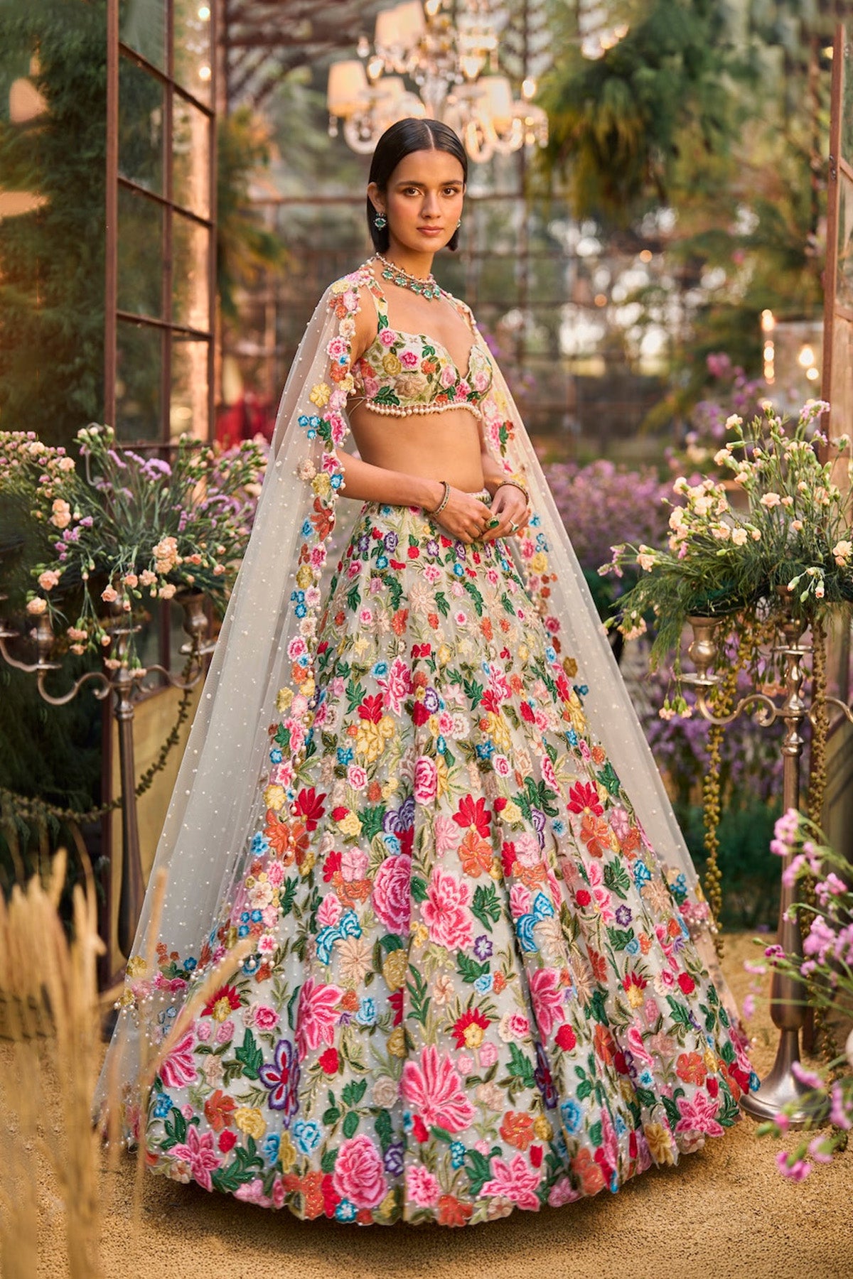 Multi-Coloured Floral Lehenga Set