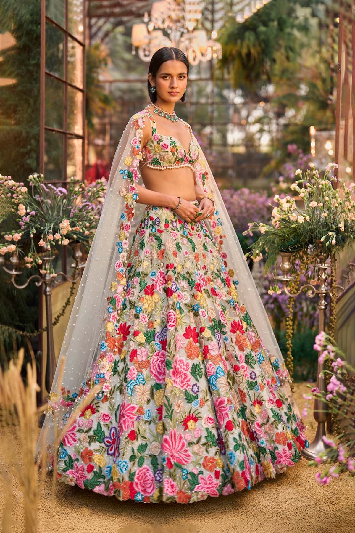 Multi-Coloured Floral Lehenga Set
