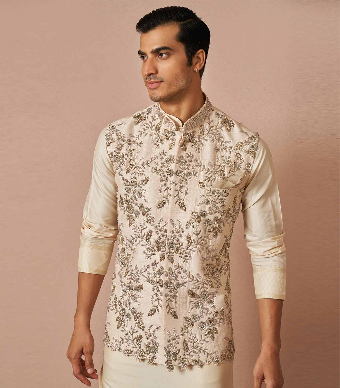 IVORY RASWILK EMBROIDERED BANDI KURTA SET