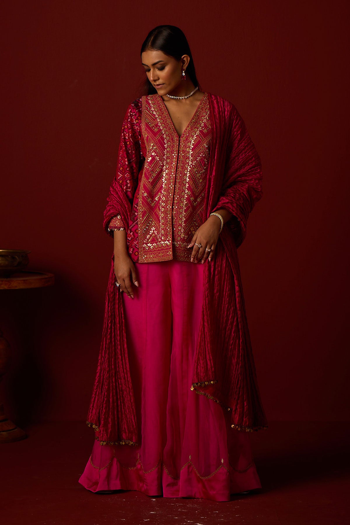 Patola Peplum Jacket With Marodiwork and Marodiwork Shararas and Crushed Dupatta