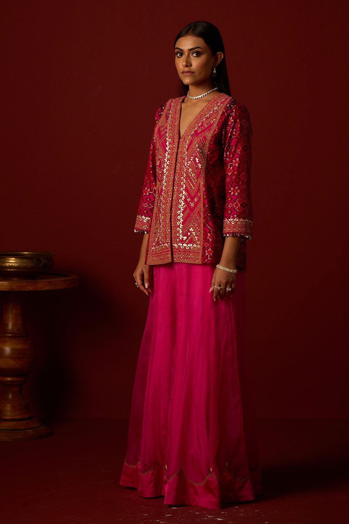 Patola Peplum Jacket With Marodiwork and Marodiwork Shararas and Crushed Dupatta