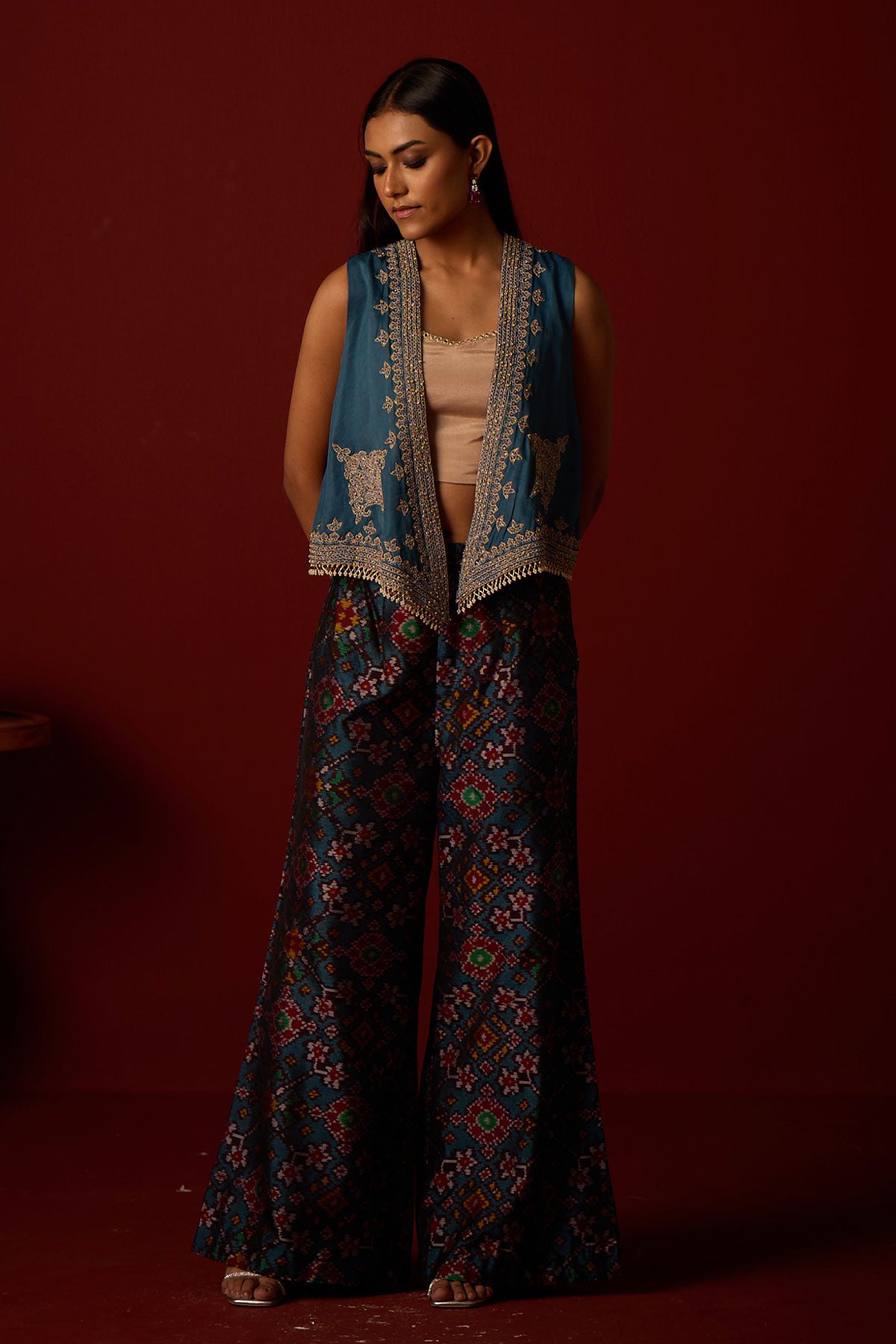 Asymmetrical Gilet and Bandeau and Patola Flared Palazzos.