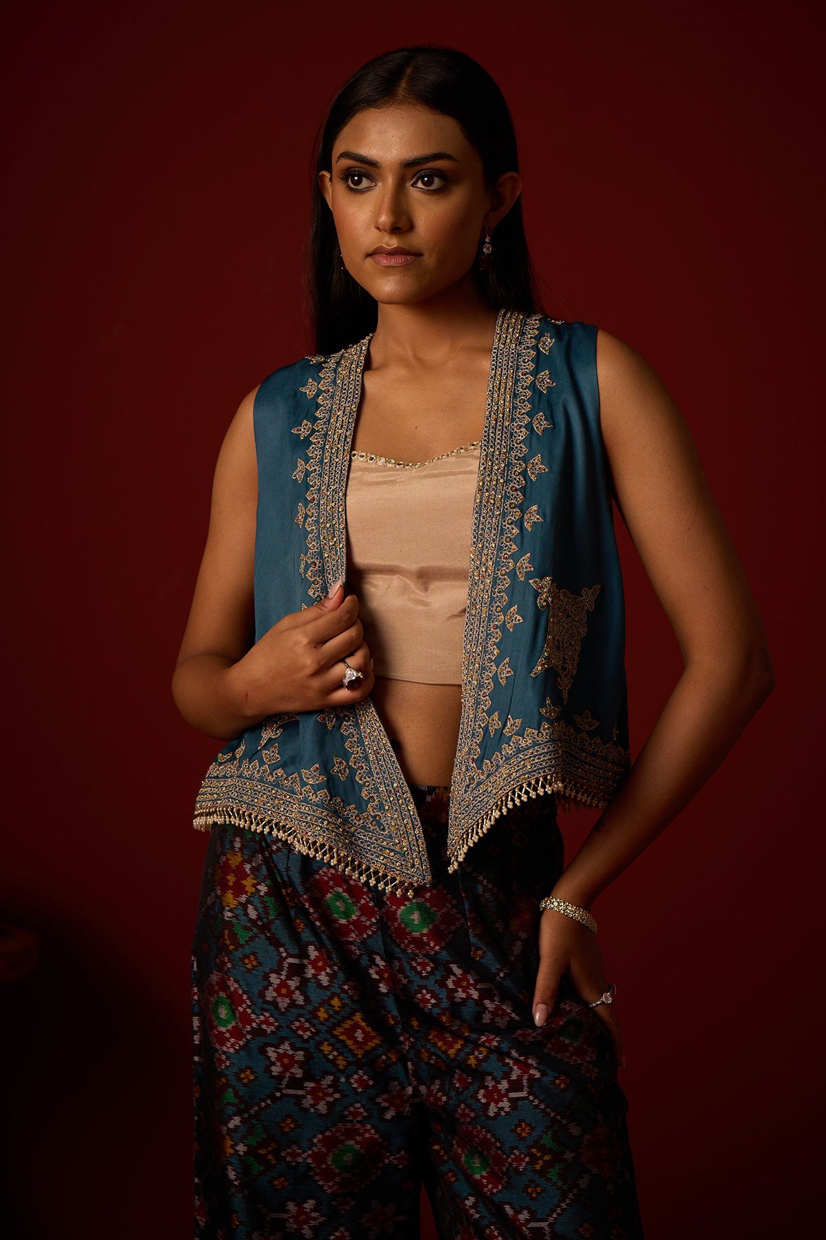 Asymmetrical Gilet and Bandeau and Patola Flared Palazzos.