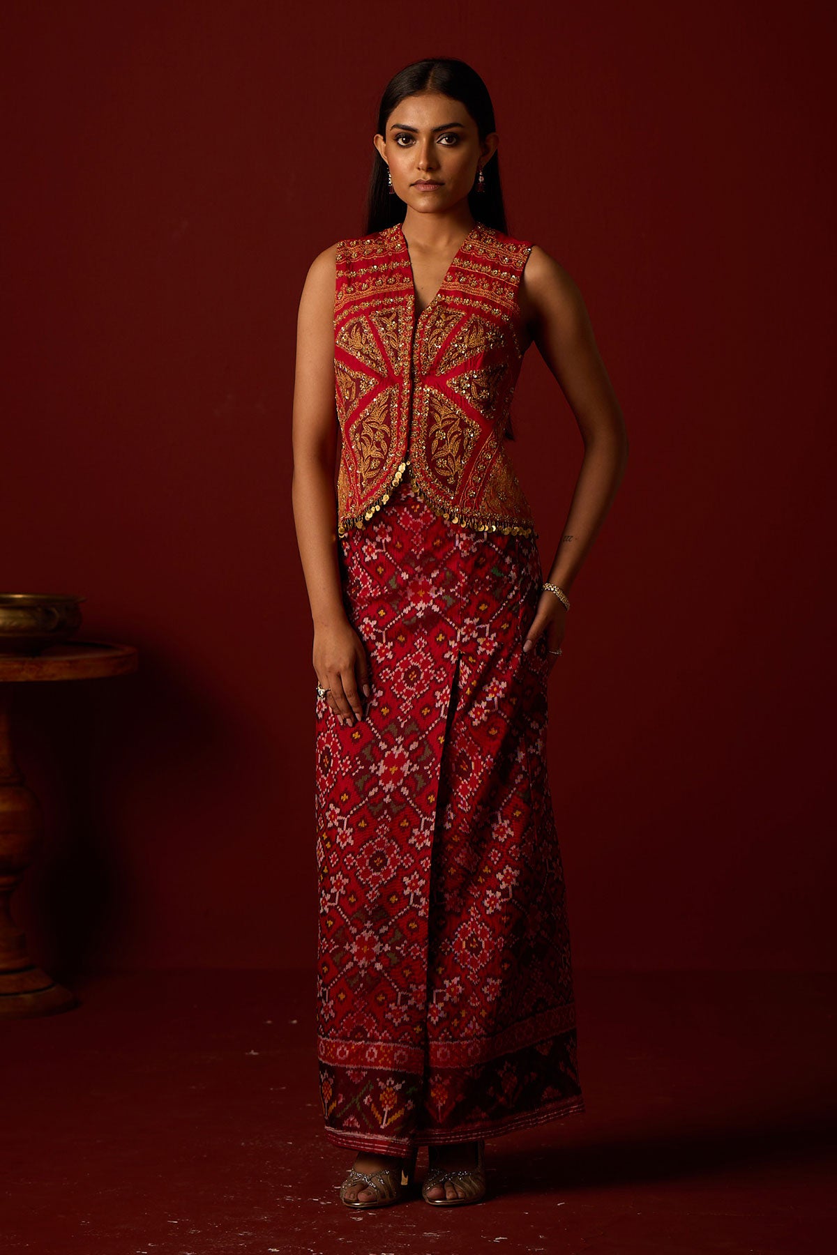 Marodiwork Gilet and Patola Box Pleat Skirt and Banarasi Bandhani Dupatta