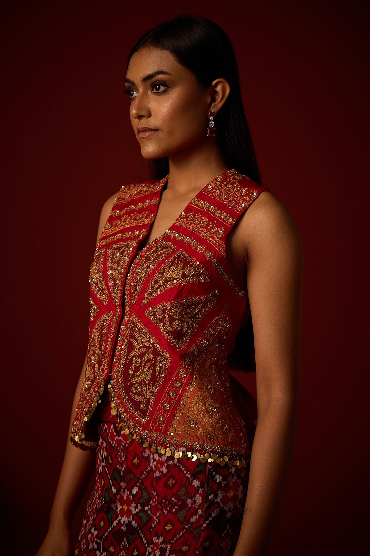 Marodiwork Gilet and Patola Box Pleat Skirt and Banarasi Bandhani Dupatta