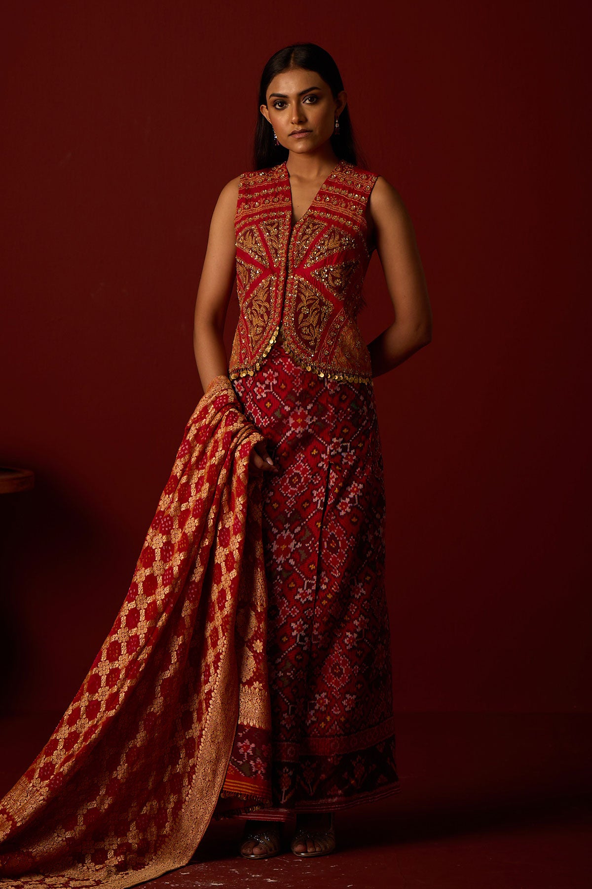 Marodiwork Gilet and Patola Box Pleat Skirt and Banarasi Bandhani Dupatta