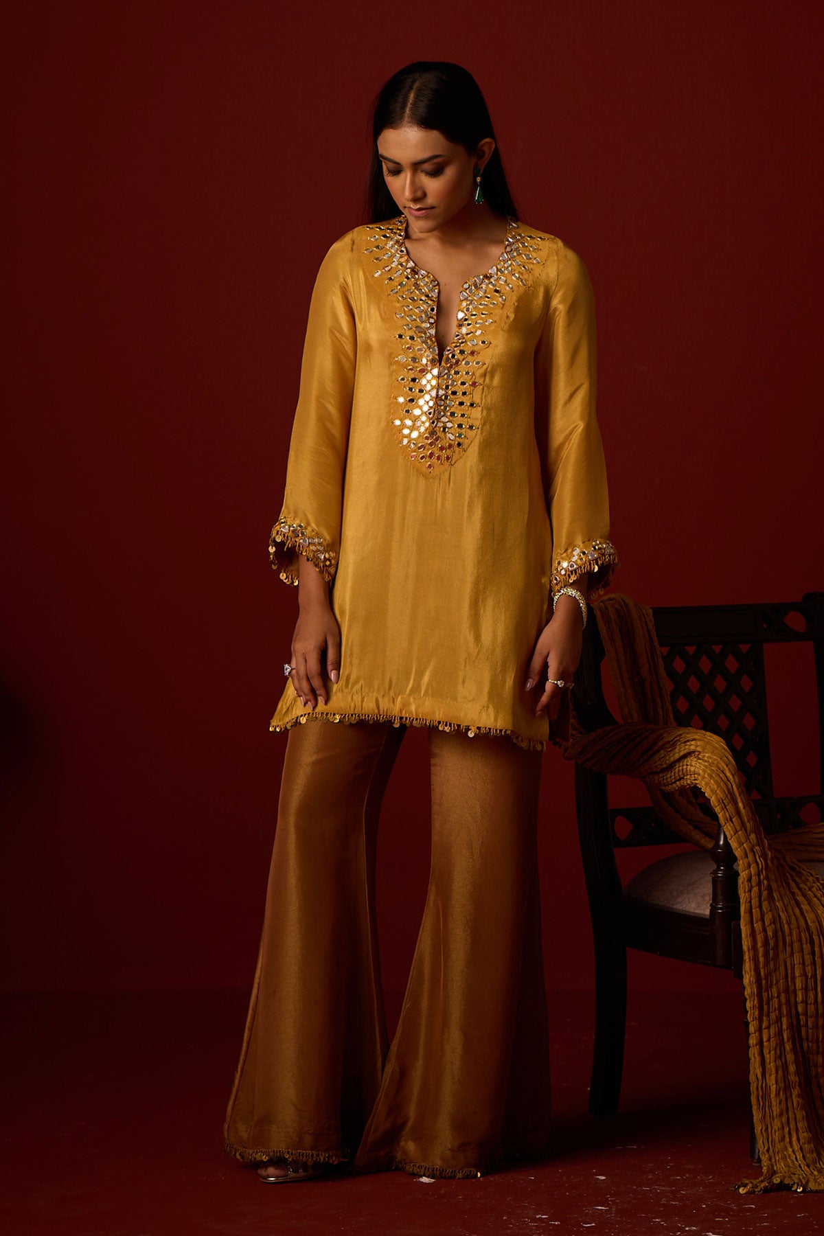 Tissue Mirrorwork Tunic and Chrushed Dupatta and Bandeau and Tissue Bootcut