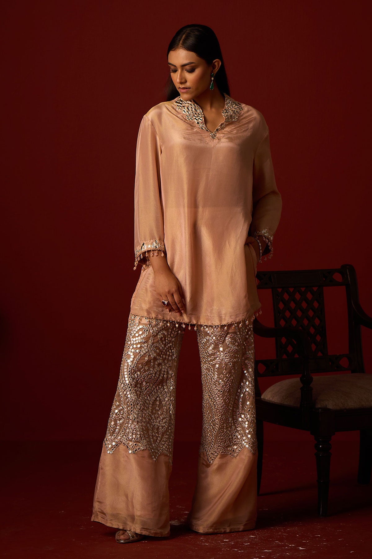 Tissue Mirror Work Hi Neck Tunic  and Bandeau and Tissue Mirror Work Palazzos