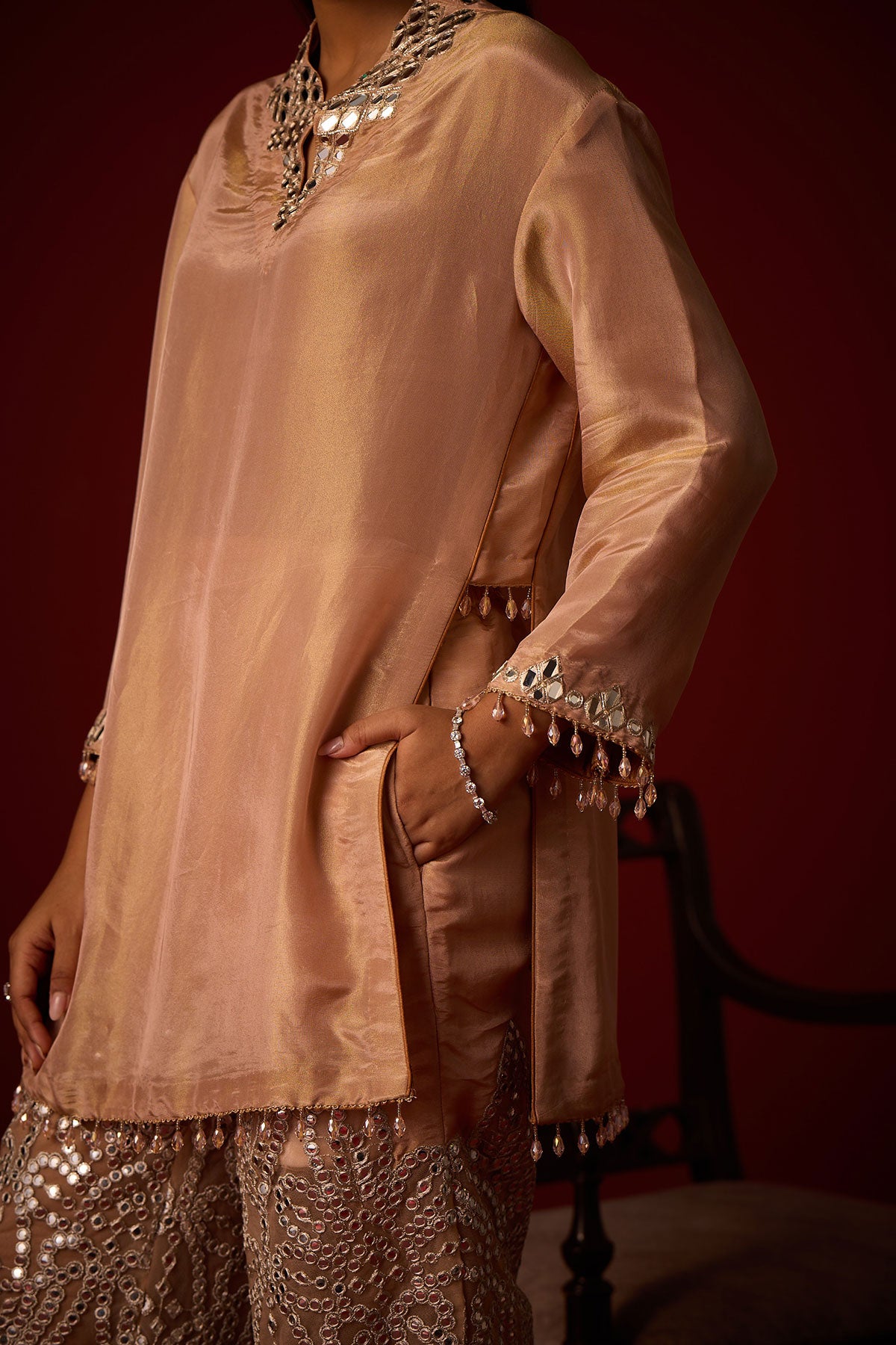 Tissue Mirror Work Hi Neck Tunic  and Bandeau and Tissue Mirror Work Palazzos