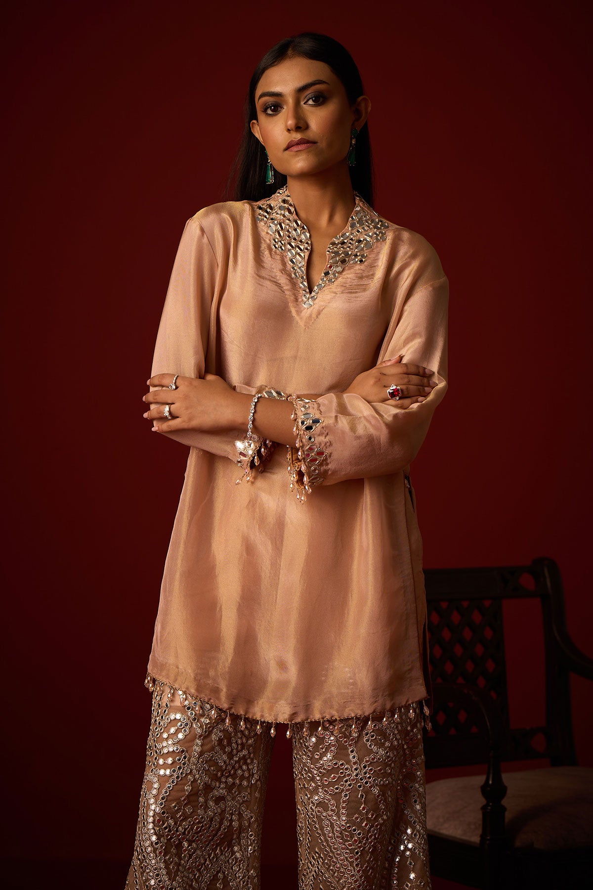 Tissue Mirror Work Hi Neck Tunic  and Bandeau and Tissue Mirror Work Palazzos