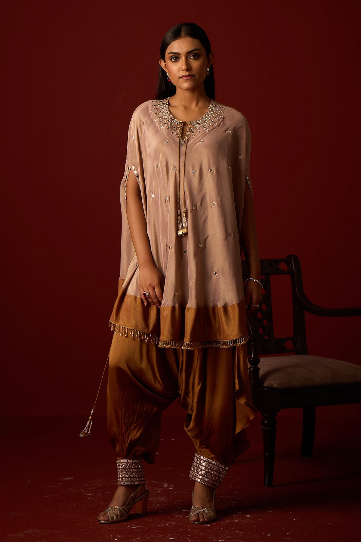 Tissue Mirror Work Round Cape and Inner and Satin Afghani Dhoti pants