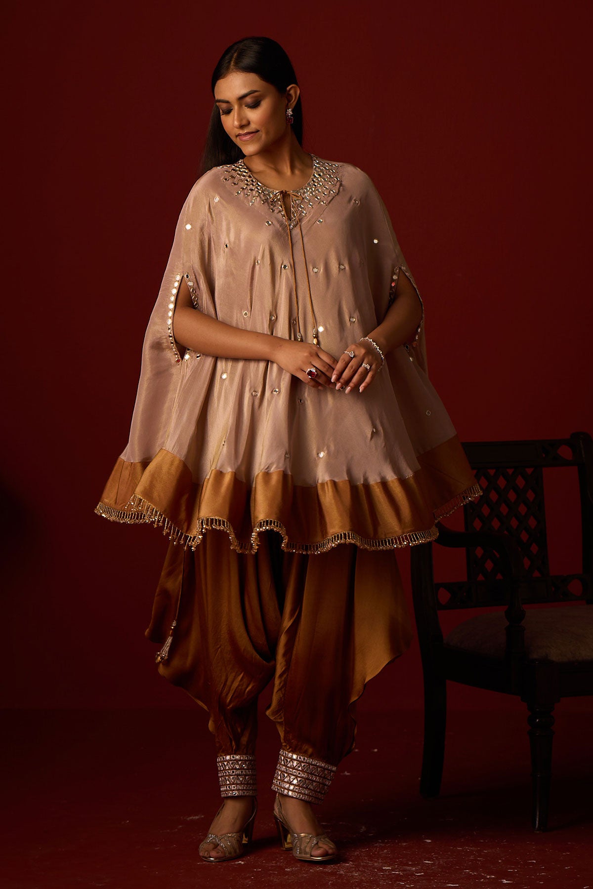 Tissue Mirror Work Round Cape and Inner and Satin Afghani Dhoti pants