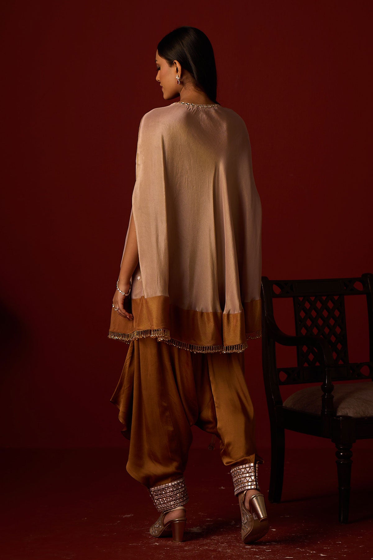 Tissue Mirror Work Round Cape and Inner and Satin Afghani Dhoti pants