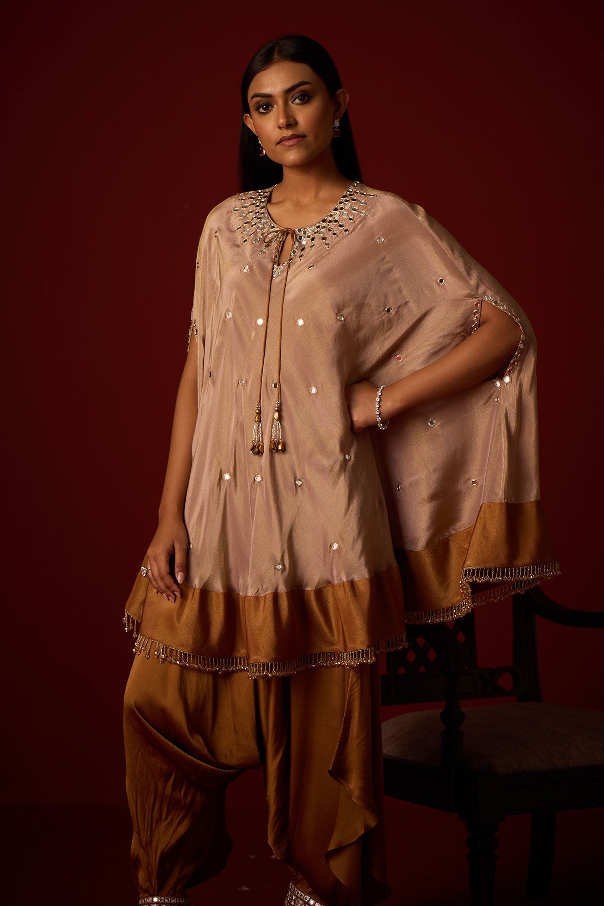 Tissue Mirror Work Round Cape and Inner and Satin Afghani Dhoti pants