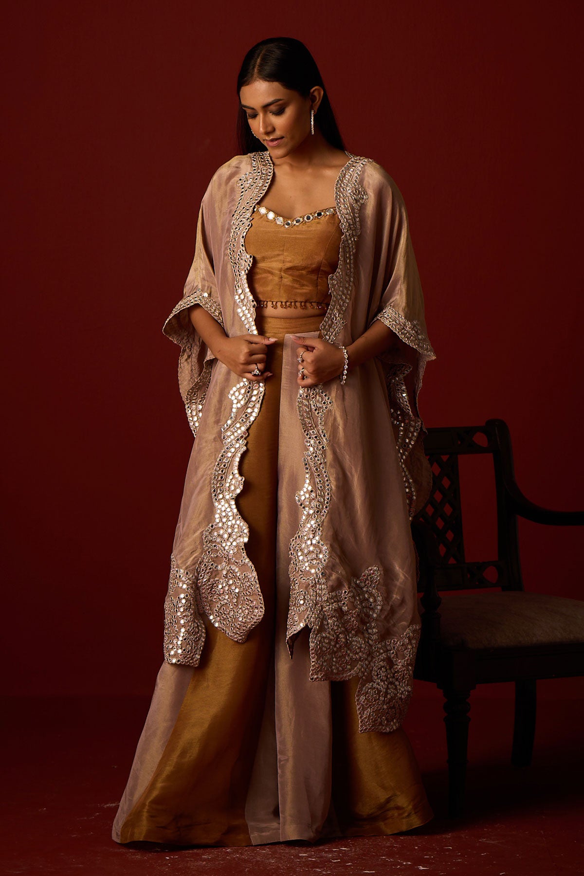 Tissue Mirrorwork Cape and Tissue Mirrorwork Bandeau and Panelled Tissue Palazzos