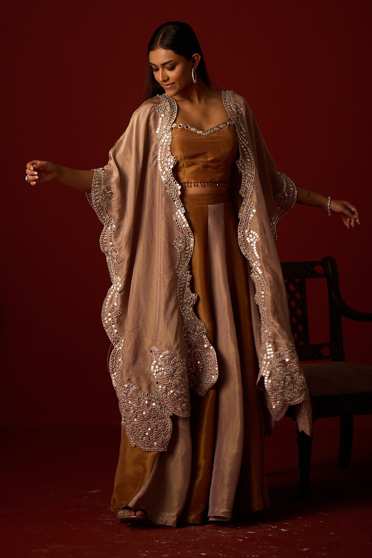 Tissue Mirrorwork Cape and Tissue Mirrorwork Bandeau and Panelled Tissue Palazzos