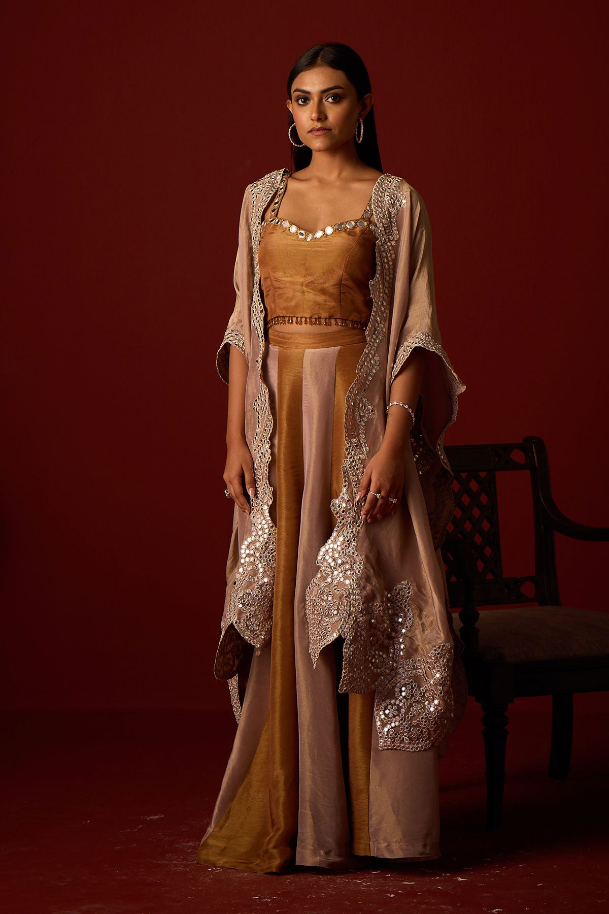 Tissue Mirrorwork Cape and Tissue Mirrorwork Bandeau and Panelled Tissue Palazzos