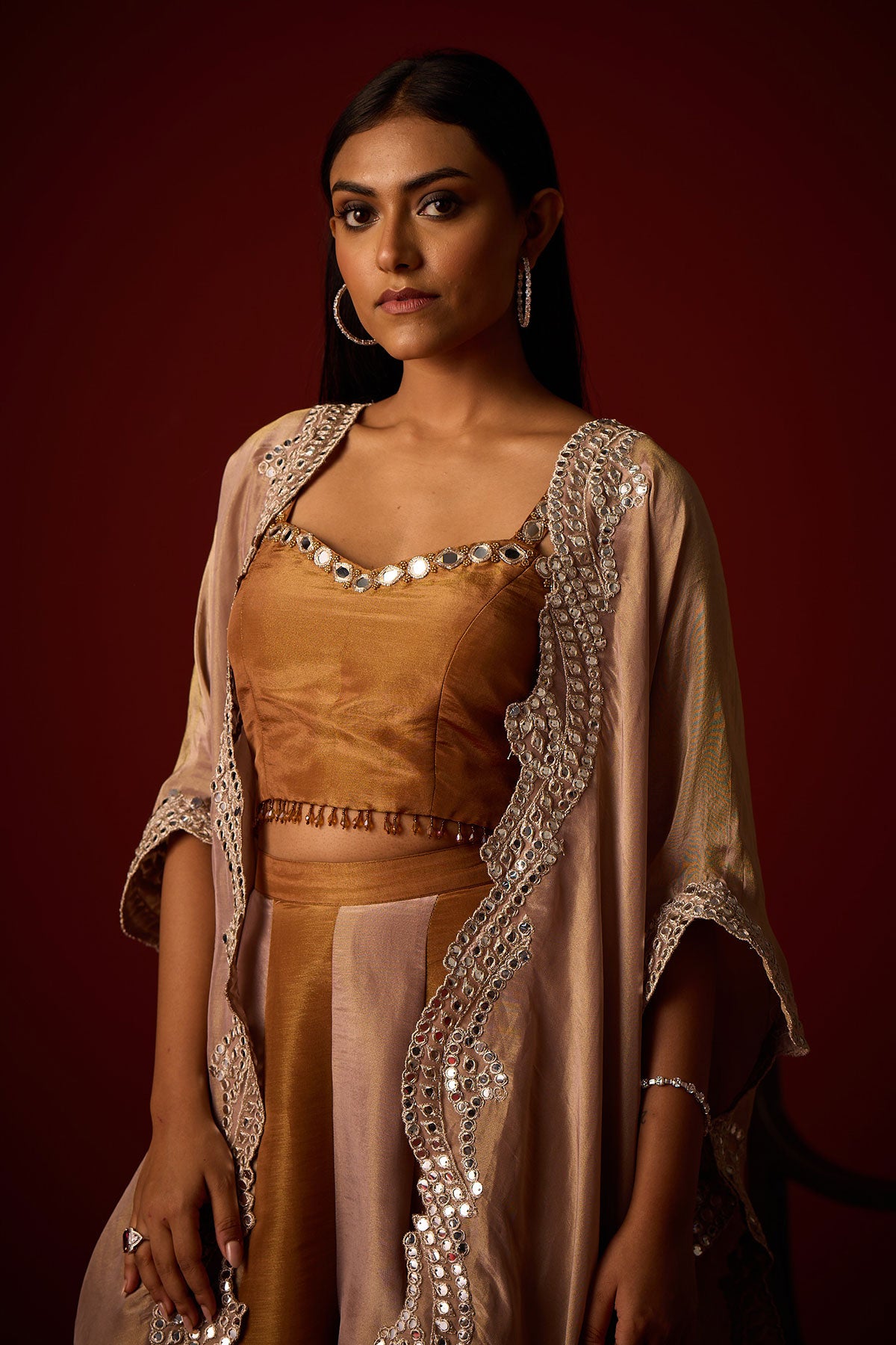 Tissue Mirrorwork Cape and Tissue Mirrorwork Bandeau and Panelled Tissue Palazzos