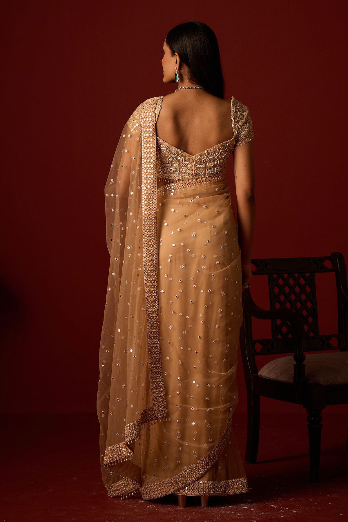 Net Mirrorwork Embellished Saree With Mirrorwork Beadwork Blouse and Embellished Blouse and Satin Box Pleat Petticoat