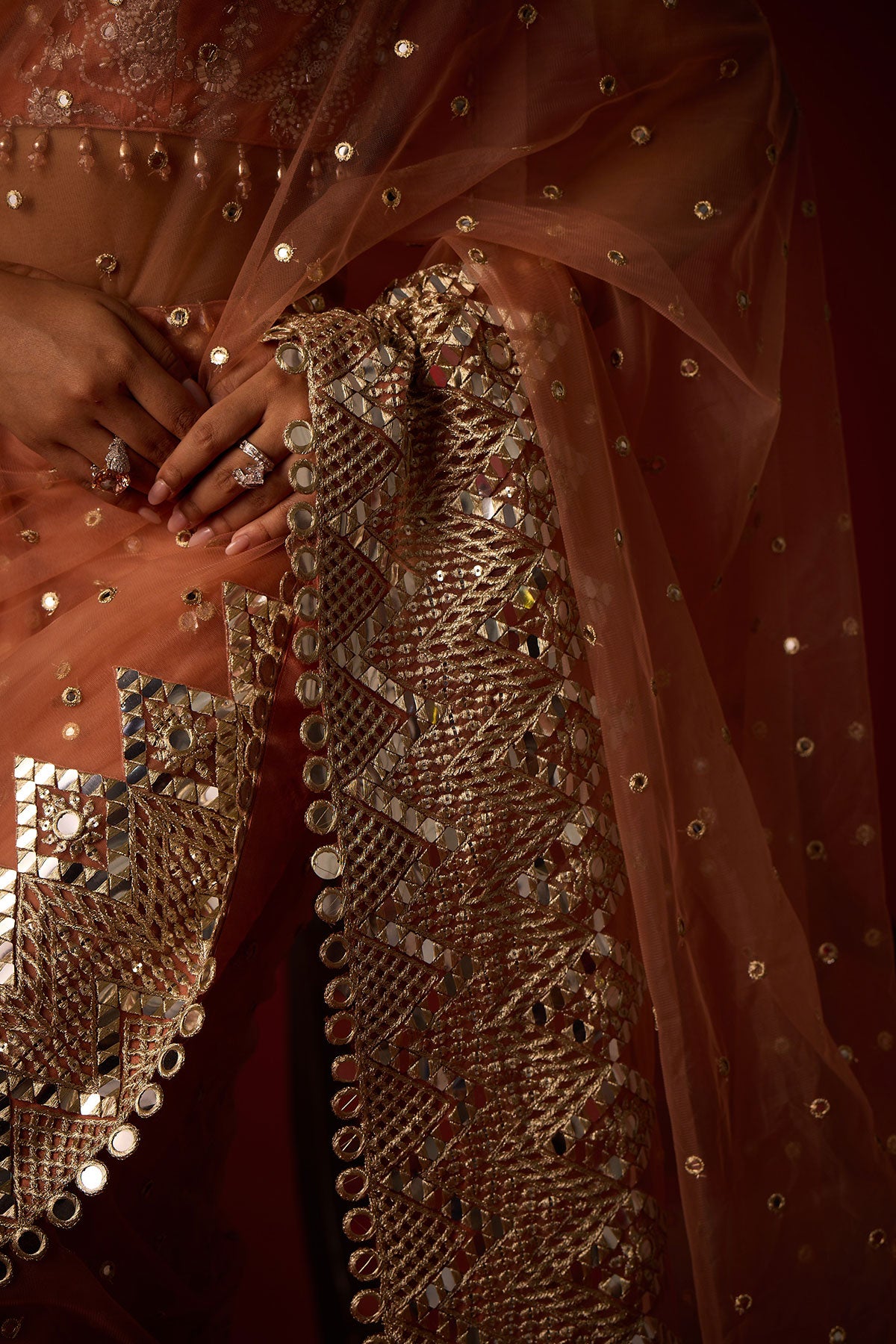 Net Mirrorwork Embellished Saree With Mirrorwork Beadwork Blouse and Embellished Blouse and Satin Box Pleat Petticoat