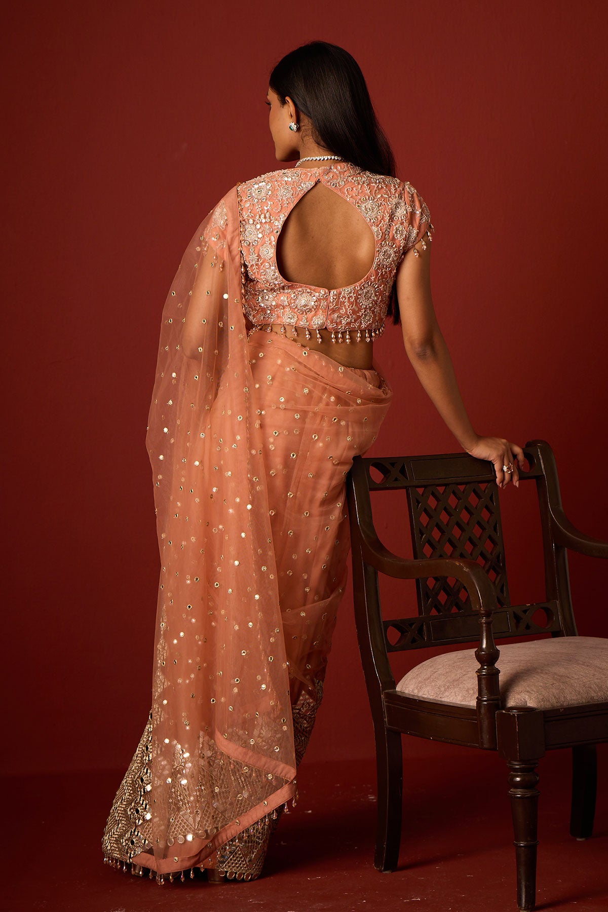 Net Mirrorwork Embellished Saree With Mirrorwork Beadwork Blouse and Embellished Blouse and Satin Box Pleat Petticoat