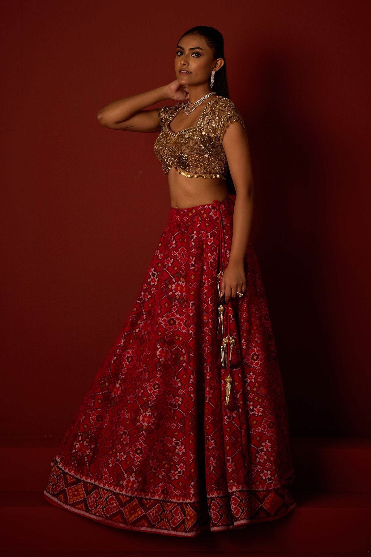 Patola Lehanga and Golden Embellished Blouse and Banarasi Bandhani Dupatta