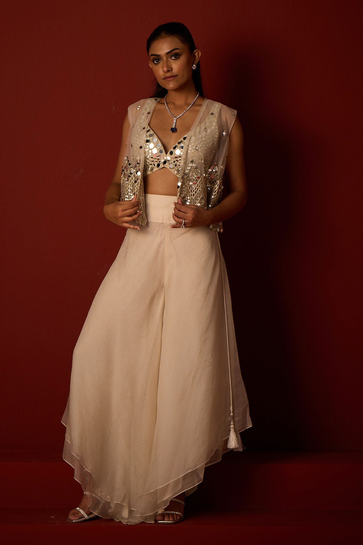 Asymetrical Jacket and  Bralette and Organza Asymetrical Flared Pants