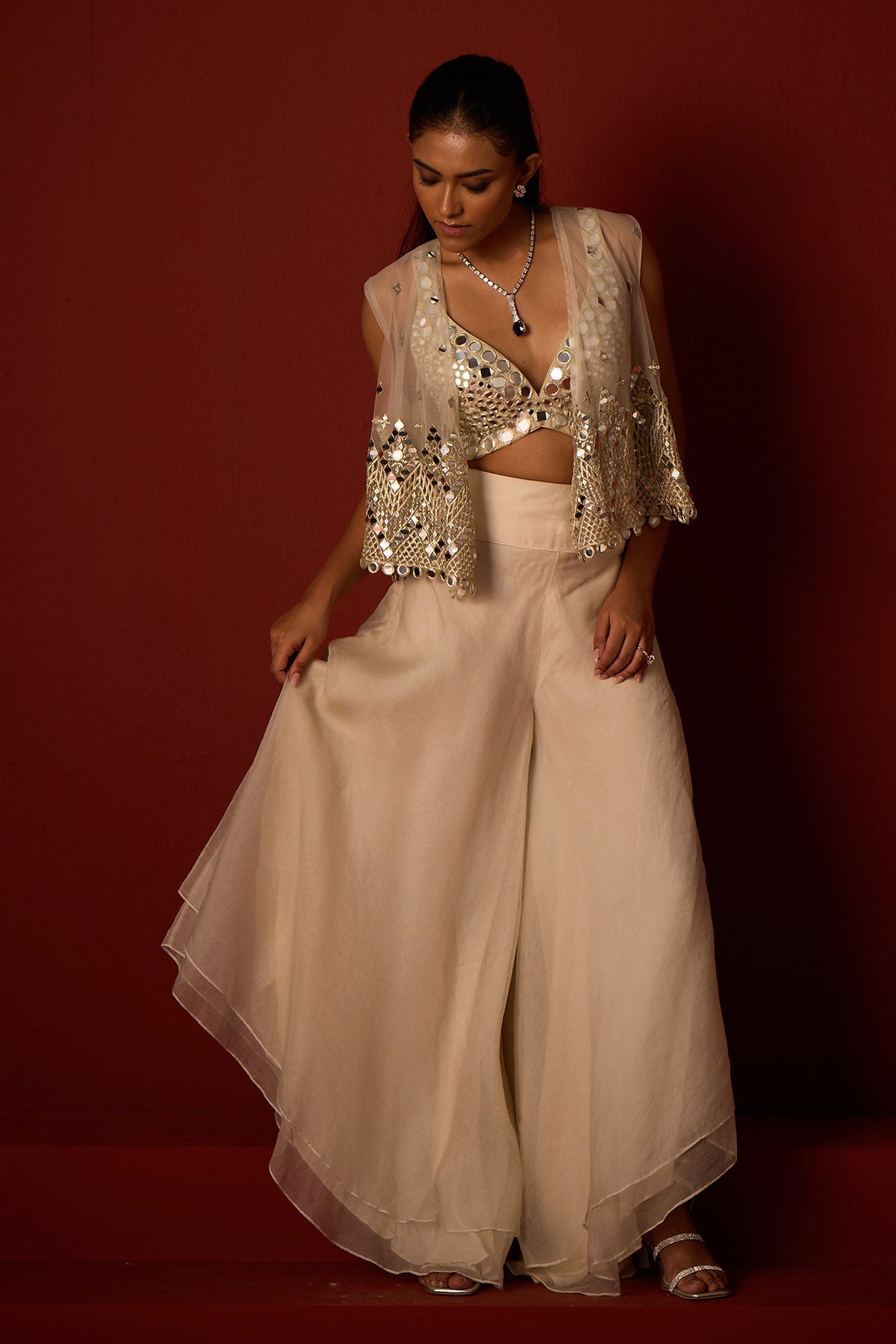 Asymetrical Jacket and  Bralette and Organza Asymetrical Flared Pants