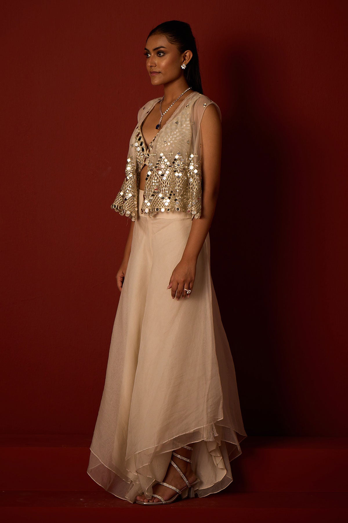 Asymetrical Jacket and  Bralette and Organza Asymetrical Flared Pants