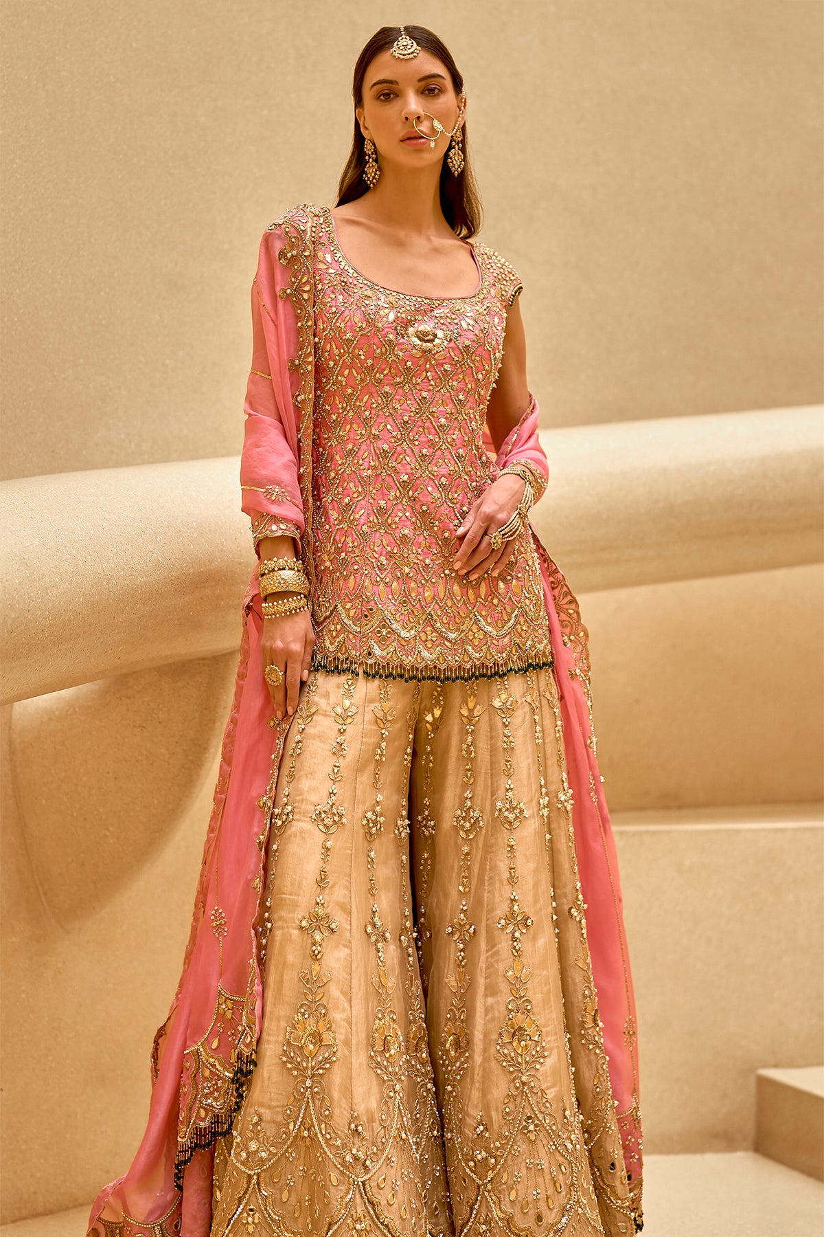 ONION  PINK AND GOLD SHARARA SET