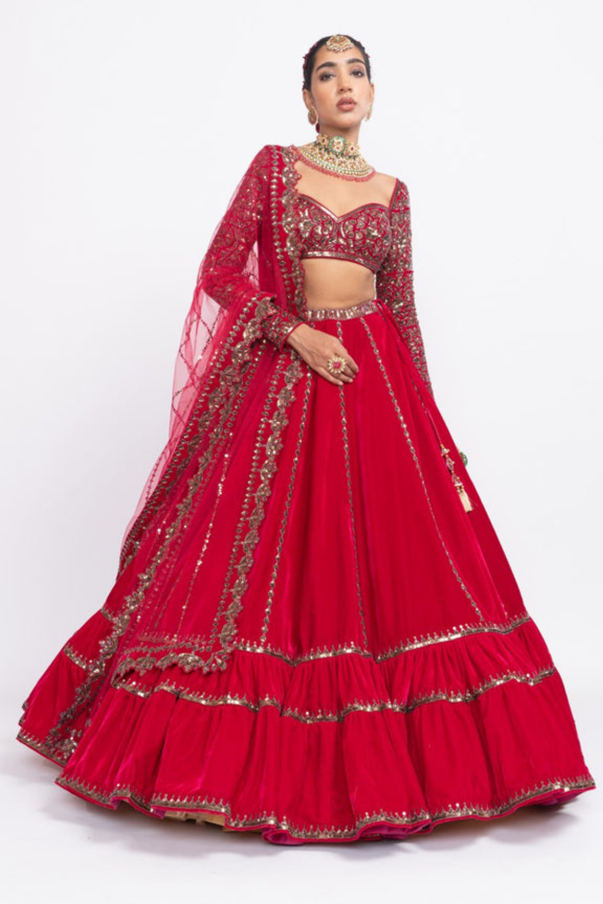 Red Double Tier Lehenga Set