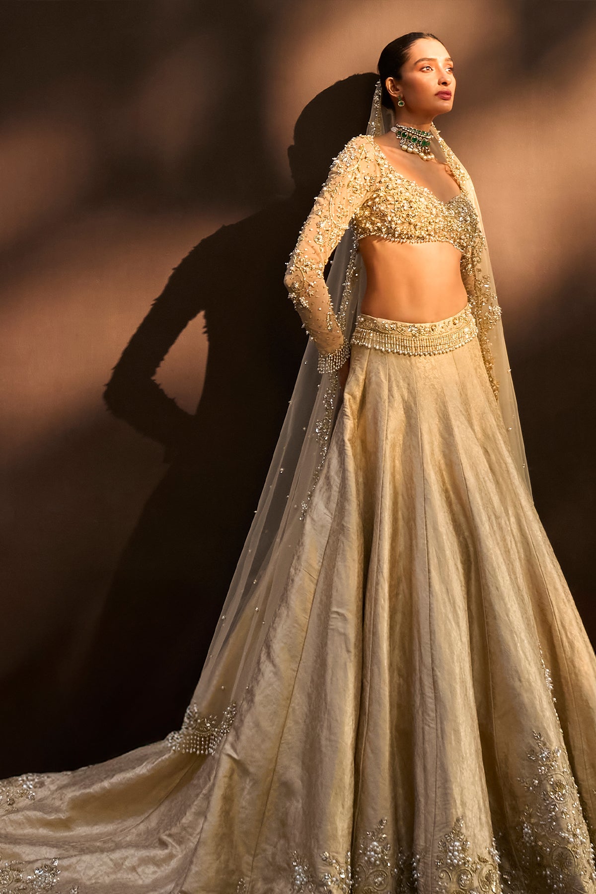 CHAMPAGNE GOLD BROCADE LEHENGA SET