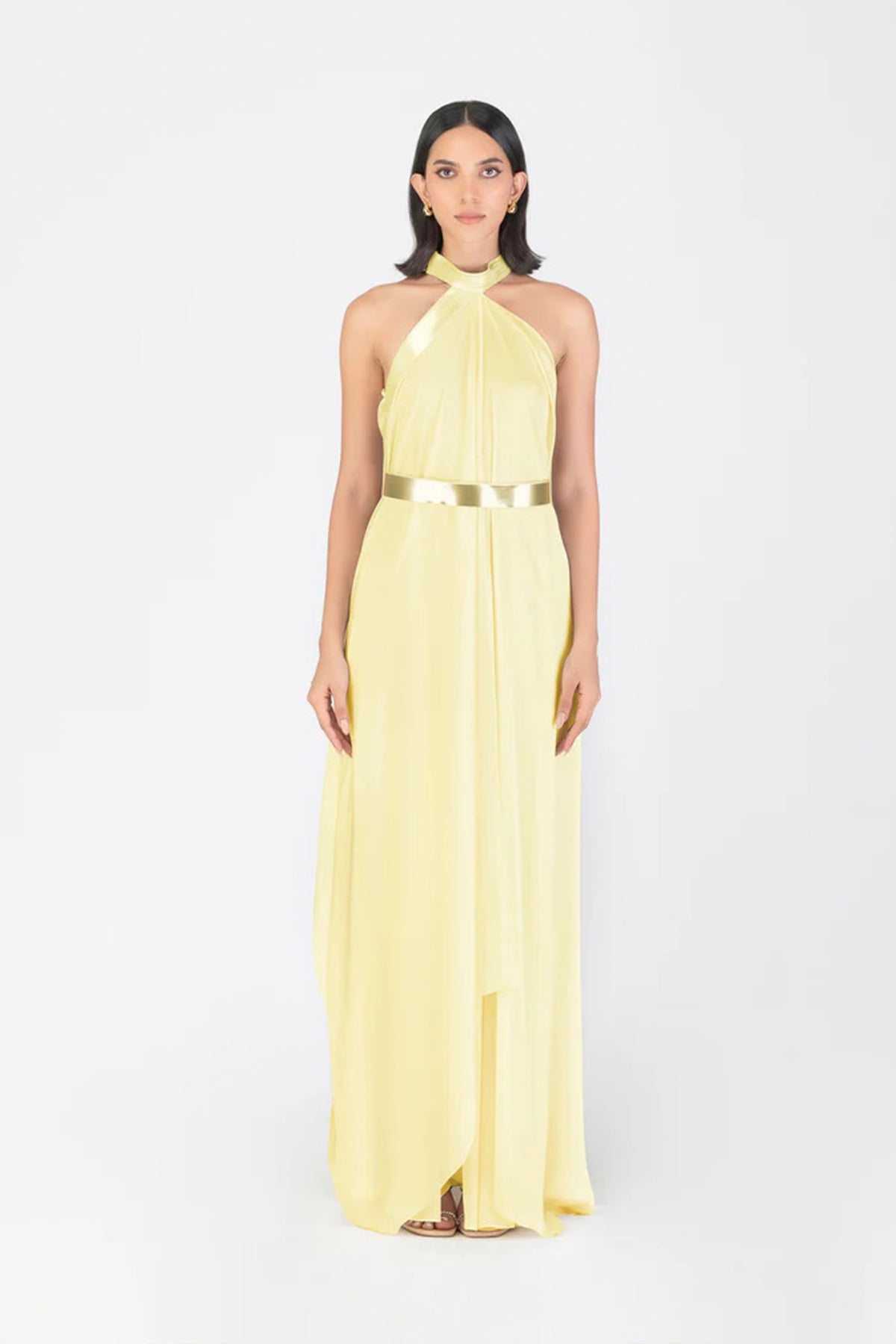 Metallic Halter Fluid Dress