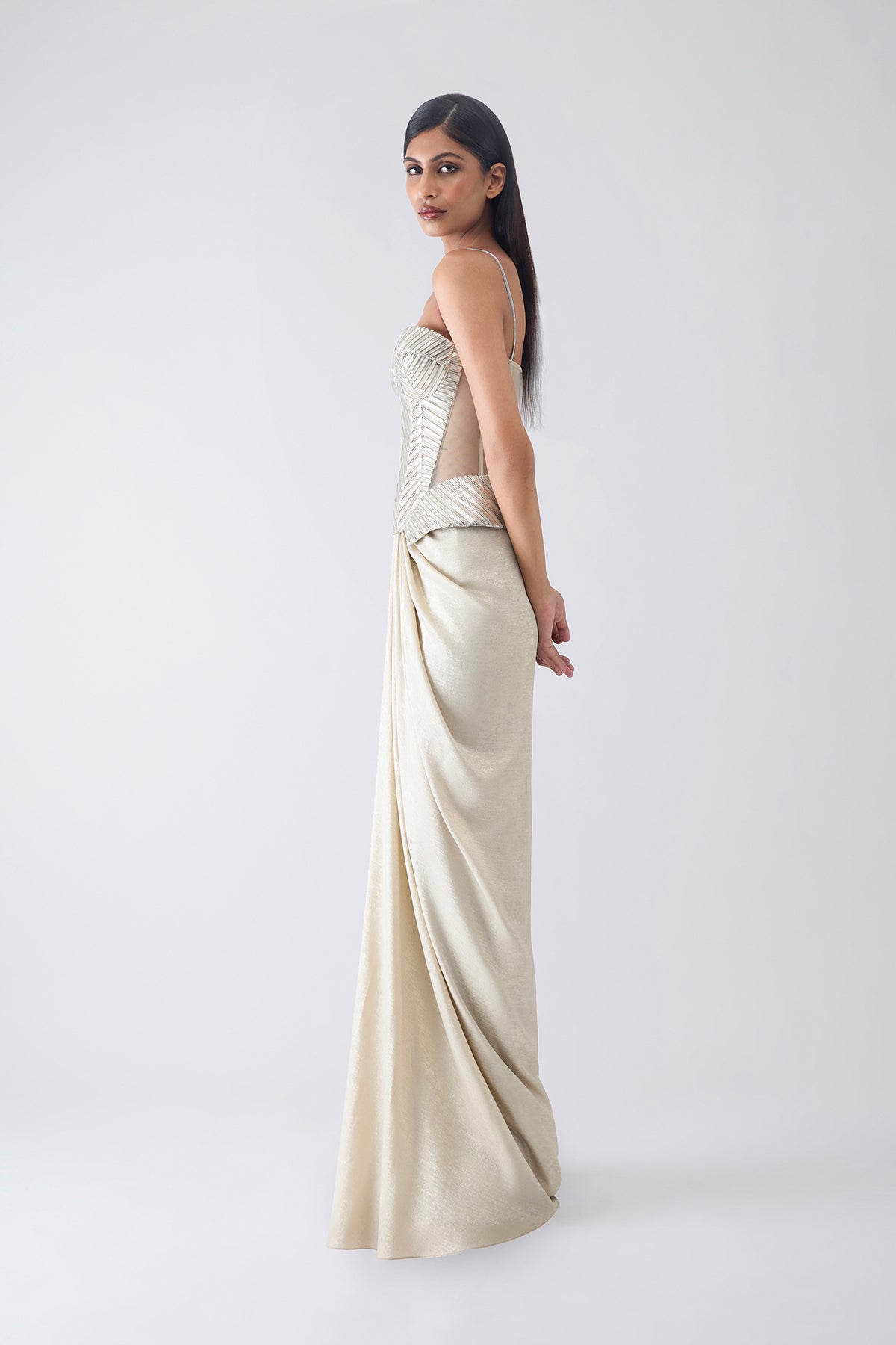 Metallic Structured Corset , Skirt And Drape